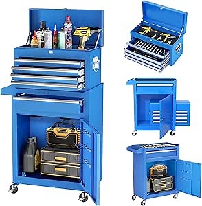 Greenvelly Metal Tool Chest,5-Drawer Rolling Tool Cart with Wheels,2 in 1 Detachable Tool Cabinets,Liners and Locking System for Warehouse, Garage,Workshop, Barbershop(Blue)