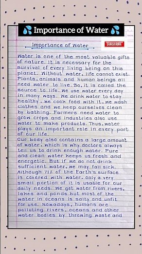 Importance of Water Essay Writing 💦 #shorts #importanceofwater #essaywriting