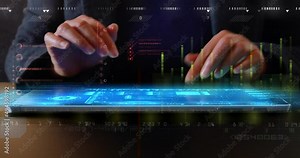 4K Human Finger Turns on Touch Futuristic Screen Button and Activates Futuristic Artificial Intelligence engine,financial stock chart,Business digital Data trend hud Graph,stock numbers showing profit