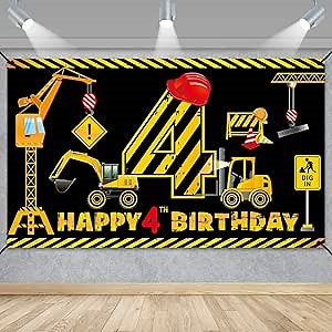 4th Birthday Decorations for Boys, Excavator Dump Truck Theme Four Birthday Banner Decorations Digger 4 Year Old Bday Banner Backdrop Party Supplies Sign