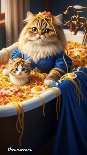 cat and baby bath in carbonara pasta #DreamScreenAI #animation #shorts #short #cat #ai #love #viral