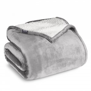 Bare Home Plush Sherpa Bed Blanket - Fluffy & Soft - Reversible - Lightweight - Full/Queen, Light Gray