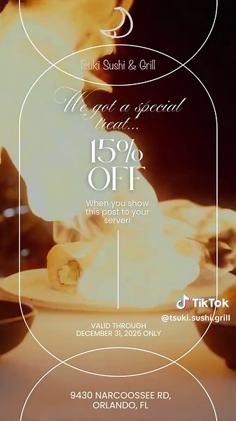 🍣✨ Tsuki Sushi & Grill is NOW OPEN at 9430 Narcoossee Rd, Lake Nona! ✨🍣 Come celebrate our grand opening with us and enjoy 15% OFF your bill 🥢🎉 📲 Just show this Reels screen cut to your server to redeem! Fresh sushi • Grilled flavors • Lake Nona vibes 🌸 #LakeNonaEats #OrlandoFoodies #SushiLovers #TsukiSushi #lakenona