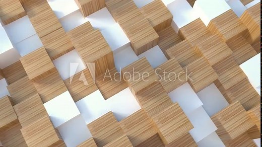 Modern white and wood texture cubes moving up and down. Close up of shapes 3D render animation. Abstract background with natural wooden geometric texture. 4k seamless loop.