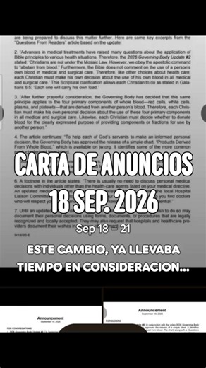 CARTA DE ANUMCIOS 18 SEP. 2026 👉ESTA CARTA DE ANUNCIOS CON FECHA DEL 18 DE SEP. EL MISMO DIA EN K SE PRODUJO LA ACTUALIZACION NO. 6 DEL CUERPO GOBERNANTE SOBRE EL USO DE LOS 4 PRINCIPALES COMPONENTES DE LA SANGRE. POR K ES IMPORTANTE? XK SI LA FECHA EN LA K ESTA CARTA SE REALIZO ES DEL MISMO DIA DE LA ACTUALIZACION? SIGNIFICA K DEBIÓ DE SER MANDADA MUCHO ANTES PARA K LLEGARA A TIEMPO A LOS ANCIANOS Y A LAS CONGREGACIONES, OSEA ELLOS YA SABIAN, ENTONCES XK TODO ESTO? CREO K TODO FUE PLANEADO POR