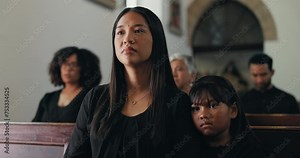 Church, death and child with mother in funeral or sad memorial service at event for respect, support or grief. Kid, mom or family member with girl, memory and goodbye at Chapel for spiritual farewell