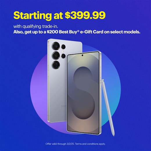 It's finally here.✨ Grab the Samsung Galaxy S25 Ultra starting at $399.99 with qualifying trade-in. Also, get up to a $200 Best Buy e-gift card with select models: https://bby.me/yuyxpz. Terms and conditions apply. | Best Buy