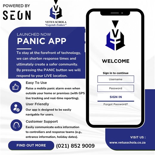 Your safety, anywhere, anytime. With the Panic app from Vetus Schola, one tap sends a mobile panic alarm straight to our team with your live GPS location shared instantly. We respond faster, whether you're at home, out for a walk or on the move. No more wondering if help will find you. True peace of mind starts with one download. Want more details or to upgrade your protection? DM us, call 021 852 9009, or visit www.vetusschola.co.za Because legends endure... and so does your safety. 🛡️ #VetusS