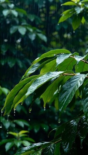 Green jungle leaves glistening under heavy rainfall. #asmr #rain