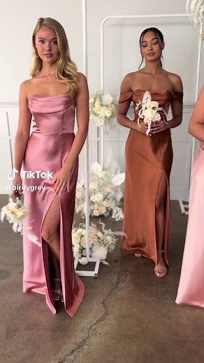 Our Mia Convertible Dress can be worn three ways: strapless, with skinny straps, or with off-the-shoulder straps 💕 Shown here in Desert Rose (left, XS), Rust (middle, XS), and Rose Gold (right, XL) #bridesmaidsdresses #satinbridesmaid #satinbridesmaidsdress #weddingtiktok #bridetobe