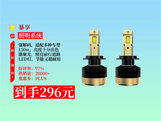 【照明系统推荐】296元拿下暴享D1系列150w强解码LED大灯！远光近光激聚光，汽车H7前照灯泡超亮！