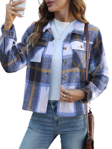 Anygrew Womens Shacket Plaid Shirts Flannel Shacket Jacket Long Sleeve Button Down Shirt Trendy Fall Outfits for Women Coats