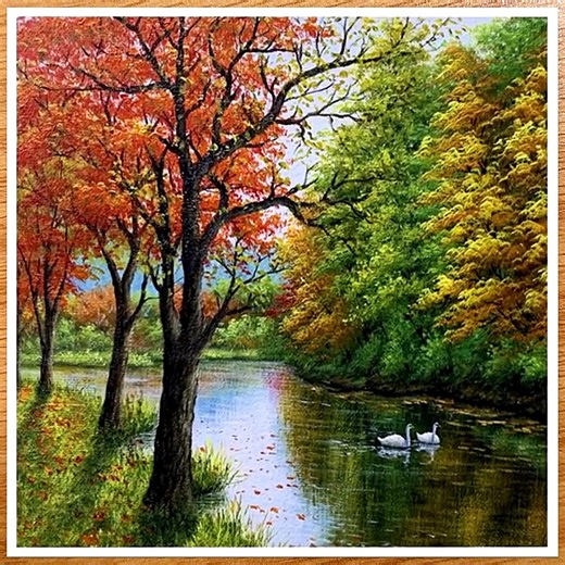 Swans on the Lake Acrylic Painting Color used : White, Light blue, Cerulean blue, Sap green, Orange, Yellow ochre, Lemon yellow, Black, Burnt sienna, Green yellow, Olive green #art #artist #artwork #acrylic #painting #eldrawingarts #acrylicpainting #landscapepainting | El Drawing Arts