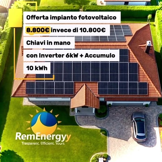 ☀️ OFFERTA IMPIANTO FOTOVOLTAICO CASA Impianto fotovoltaico chiavi in mano con: ⚡ Inverter 6 kW 🔋 Batteria di accumulo 10 kWh ☀️ Pannelli fotovoltaici bifacciali ad alta efficienza 💰 A partire da 8.800 € 🎁 Bonus speciale per i primi 10 clienti: • ulteriore sconto del 10% • pulizia pannelli gratuita dopo 6 mesi ✔ Sopralluogo gratuito ✔ Progetto personalizzato ✔ Installazione professionale ✔ Assistenza completa Il fotovoltaico è il futuro dell’energia. Prima installi l’impianto, prima inizi a r
