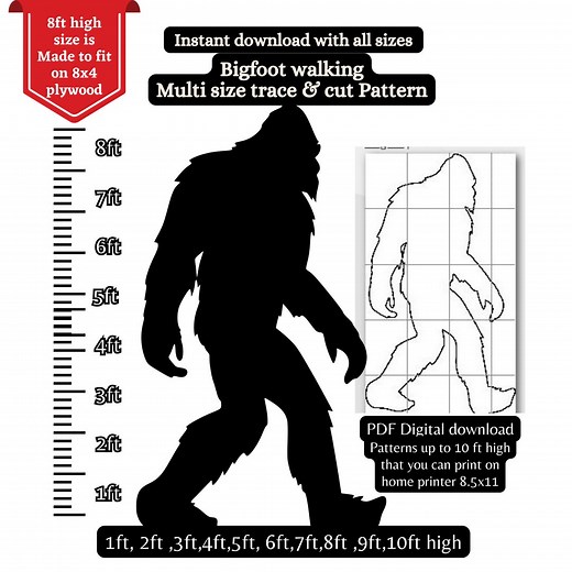 7ft 8ft 10ft Life Size Bigfoot Pattern Scroll Saw, Sasquatch Silhouette Stencil Template Bundle , Printable Trace Cutout PDF, 8x4 Ft Plywood - Etsy