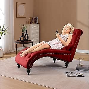 Modern Velvet Chaise Lounge Indoor with Nailhead Trim, Button-Tufted Armless Lounge Chair Indoor with Lumbar Pillow and 4 Sturdy Acrylic Legs for Living Room, Bedroom, Apartment (Red)
