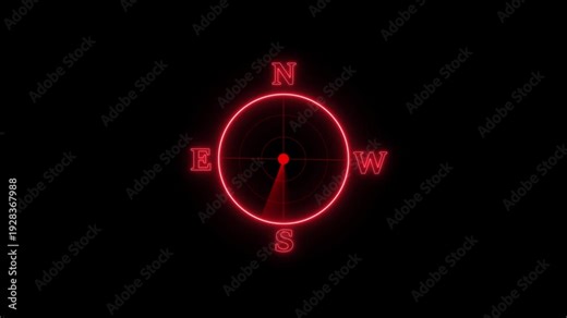 Red Neon Compass Rose with Cardinal Directions and Radar Display on animated Black navigation