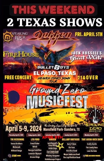 TONIGHT.. kicks off two shows in Texas! 🚀 Friday April 5th- Speaking Rock Entertainment Center, El Paso, TX with Jack Russell's Great White, FireHouse and Dokken Saturday April 6th- Ground Zero MusicFest, Bandera, TX with The Kaleidoscope Project, Pat Travers, Jack Russell’s Great White and Dokken! ARM Entertainment ⭐️ | BULLETBOYS