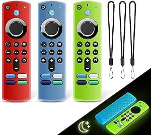 3 Pack Fire Stick Remote Cover, Glow in The Dark Remote Cover for 2021 Fire TV Stick 4K/Alexa Voice Remote 3rd Gen, Anti Slip Silicone Protective Case with Lanyard(Glow Blue & Glow Green & Red)