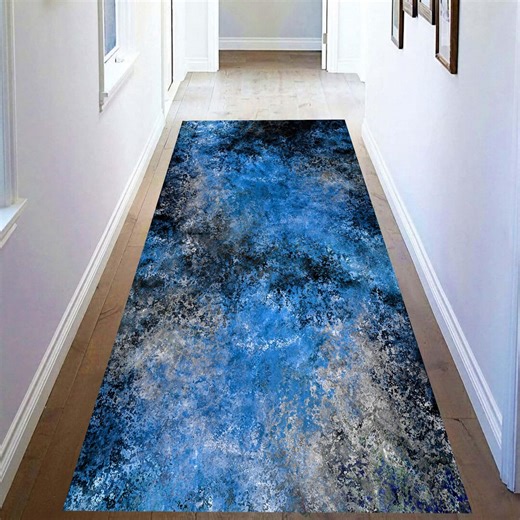 Blue Abstract Runner Rug: Modern Coastal Hallway Carpet, Non-slip Machine-washable - Etsy