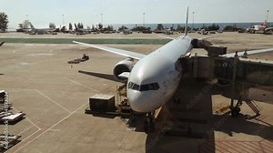 Cargo car loading of luggage the airplane in the international airport Stock Video