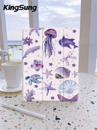 Kingsung 2026 New Ocean Element Patchwork Style Tablet Protective Case, Decorated With Sea Turtle, Starfish, Seashell, Conch And Jellyfish Patterns, Compatible With Ipad 9.7/10.2/10.5/10.9/12.9/Pro 11, 10th Gen, Air 8 (M4) 2026 (11 Inch), Air 6 (M4) 2036 (13 Inch), Air 8 (M4) | SHEIN