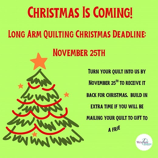 It's that time of year! Get your quilts into Brenda by November 25th and she'll have them back to you for Christmas. Do build in extra time if you will be mailing it as a gift. A few reminders: 🧵Backing 8" wider and longer than quilt top 🧵Batting 8" wider and longer than quilt top 🧵Press your quilt top well 🧵If your quilt is directional, please mark the top More information on our longarm service is found here: https://www.weresewcreative.com/long-arm-quilting-services.htm #longarm #longarmq