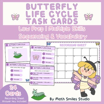 Butterfly Life Cycle Task Cards | Science Centers | 24 Cards+Recording Sheet K-2