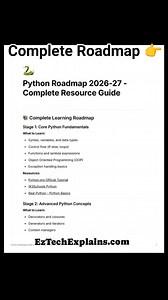 Complete Python 🐍 Roadmap 2026–27 From Beginner to Pro👇 Follow Ez Tech For Daily Notes and Updates #programming #python #Roadmap #pythonroadmap #coding #notes #DataScience #WebDevChallenge | Ez Tech Explains