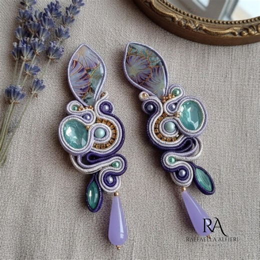 Purple and Teal Soutache Earrings, Elegant Handcrafted Crystal Jewelry, Boho Chic Long Drop Earrings, Unique Earrings - Etsy