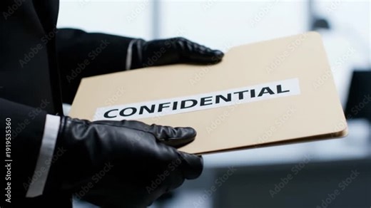 A person holding a confidential file, suggesting secrecy and important information. The person is wearing black gloves and is holding a manila folder labeled CONFIDENTIAL