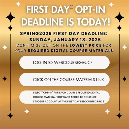 UCF Campus Store on Instagram: "First Day® is UCF’s Inclusive Access program with the UCF Campus Store. With this program, students Opt-In to have the discounted cost of required course materials added as a digital course material charge for the course, on the UCF Student Account, and students receive the benefits including: -Deeply discounted, lowest price materials -The guaranteed right materials -Single Sign-On (no access codes) -Access on or before the first day of class. When students choos