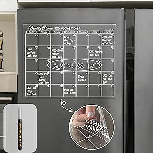 Clear Non-Magnetic Monthly Calendar for Fridge - Dry Erase Transparent Monthly Calendar - Sticks to Wall, Glass, Door, Any Smooth Surfaces