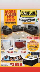 Come on over & visit your nearest Furniture Liquidation Warehouse In-store or Online to shop MORE VALUE FOR LESS. Catalogue out now! Deals End 31st July 2025 Shop Online – https://t.ly/_cZ06 _ *5 LOCATIONS* Find a store near you - https://bit.ly/2Xu67ln _ >> Delivery is available (Around Gauteng) >> Lay-Byes Accepted (3-6 months) >> Credit Available - Apply Online #FurnitureLiquidationWarehouse #furnitureStoreNearMe #furniturestore #shoponline #furnitureliquidation #furnitureliquidationwarehouse