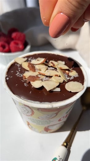 Gabriela Dimova on Instagram: "✨Healthy Yogurt Hack✨ I love this magic shell hack, it’s such a fun way to spice up your morning yogurt and it couldn’t be easier to make! It’s the perfect breakfast or quick snack🥰 ✨Ingredients vegan yogurt peanut butter maple syrup or agave fresh raspberries dark chocolate sliced almonds flakey salt (optional) ✨Directions Open a cup of yogurt. Add the peanut butter, maple, and raspberries and mix everything until combined. Melt the chocolate in the microwave, th