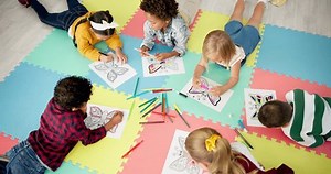 Children, friends and art drawing in classroom for project, back to school or artistic. Boys, girls and pencils on floor for learning education or elementary lesson or paper, coloring or development