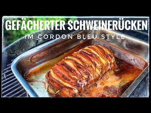 Fan-shaped pork loin in Cordon Bleu style from the grill