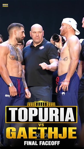 Ilia Topuria, Justin Gaethje have one more INTENSE faceoff ahead of the #UFCWhiteHouse main event. Who ya' got?