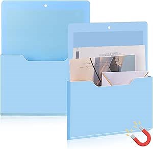 2 Pack Magnetic File Holder Large Magnetic Pocket Wall Hanging Magazine Organizer Paper Mail Letters for Refrigerator Classroom Locker Whiteboard(Vertical,Blue Color,10x13 Inches)