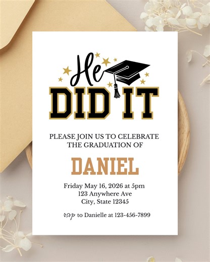 He Did It Graduation Party Invite, Boys Graduation Invitation, Black and Gold Grad Invite, Minimalist Graduation Announcement - Etsy