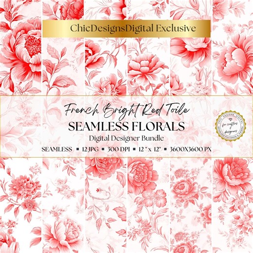 Red Toile Digital Papers: 12 Seamless Toile Patterns, Romantic Floral Backgrounds for Scrapbooking, Journaling and Digital Crafts - Etsy