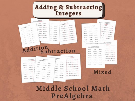Integer Addition & Subtraction Worksheets: Prealgebra Middle School Math Practice (PDF Printable) Answer Keys - Etsy