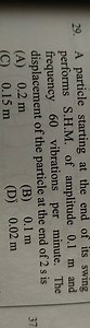 A particle starting at the end of its swing performs S.H.M. of ... | Filo