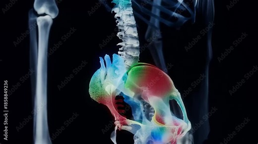 Exploring human skeletal system through x-ray showing pelvic region and hip joint in detail