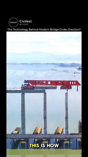 civilext on Instagram: "How Do Bridges Get Built Over Water And Busy Cities Without Huge Cranes? A launching gantry is a specialized overhead crane that walks from one bridge pier to the next. It is used for lifting, transporting, and precisely positioning precast concrete or steel girders. This advanced method eliminates massive ground-based cranes and extensive scaffolding. It is the preferred solution for constructing elevated highways and high-speed railways over water, valleys, and dense ur