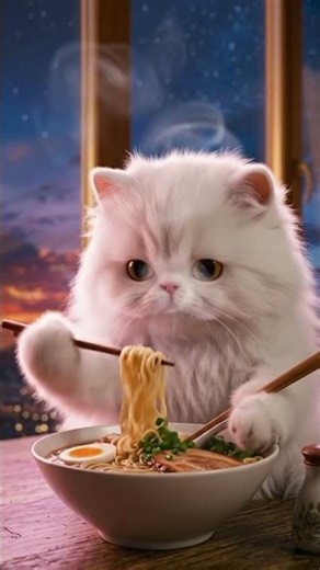 "Mimi: How this Persian Cat heals your soul with Egg Noodles 🍜✨ | 夕暮れの卵麺 #whitecat