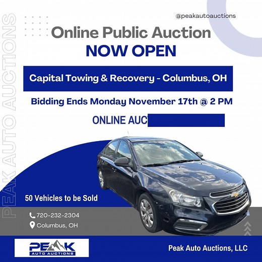 27 reactions · 12 shares |  Bidding is now live! Check out our latest online auto auction and get your bids in before it closes Monday, November 17th at 2:00 PM. The countdown is on—start bidding now! #BidNow #autoauction https://peakautoauctionsoh.com/auction/316/capital-towing-recovery-columbus-online-auction | Peak Auto Auctions - Ohio | Facebook