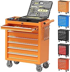 7-Drawer Tool Chest, Rolling Tool Storage Cabinet with 360°Lockable Wheels, Tool Box with Key Locking System for Garage Workshops (Orange)
