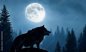 Lone Wolf's Serenade: A majestic wolf howls at the luminous moon in a captivating nocturnal scene, embodying the wild spirit of nature.