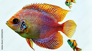 A colorful fish with orange and red scales swims against a white background, while two smaller fish swim nearby